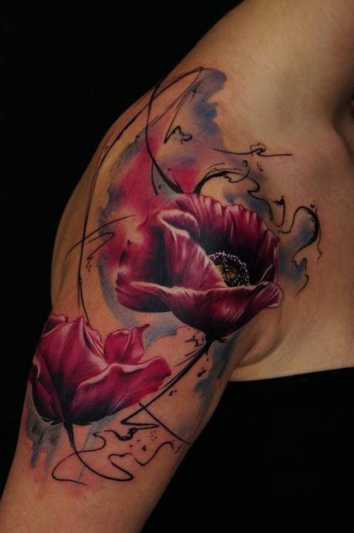 肩部水彩色红色的罂粟花纹身图片