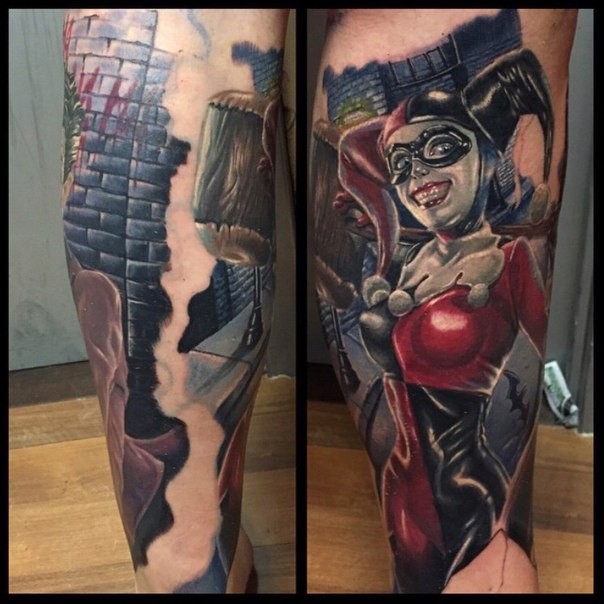 小腿逼真的彩绘邪恶女性小丑纹身图案
