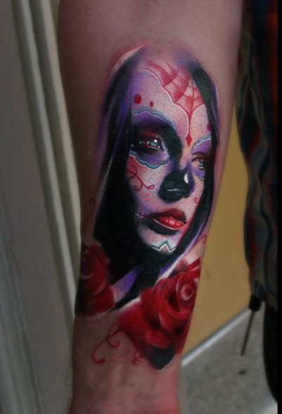 小臂彩色墨西哥传统女人脸纹身图案