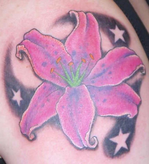 腿部彩色粉红百合花与星星纹身图案