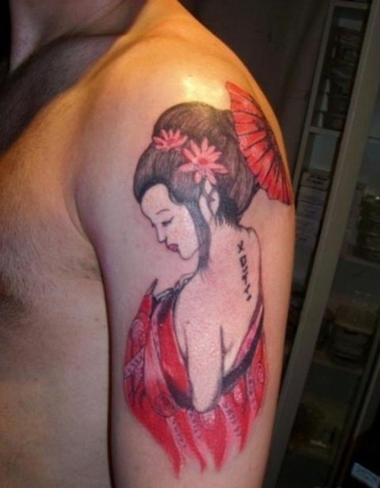 肩部彩色滑稽诱人的艺妓纹身图案