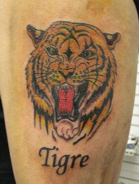 男性肩部彩色老虎头纹身图片