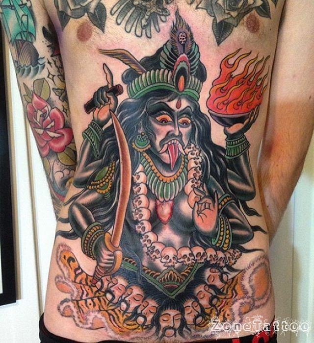腹部new school彩色邪恶的印度女神纹身图案