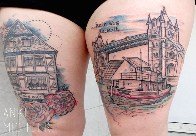 大腿插画风格彩色伦敦市景点纹身图案