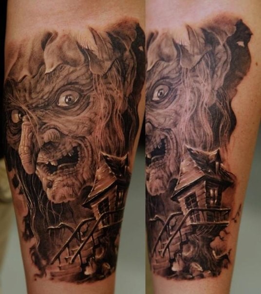 手臂棕色恐怖女巫与房屋纹身图案