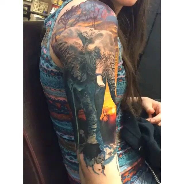 女生大臂现实主义风格写实彩色大象纹身图案