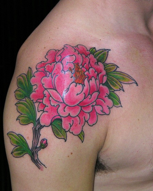 肩部粉红牡丹花纹身图案