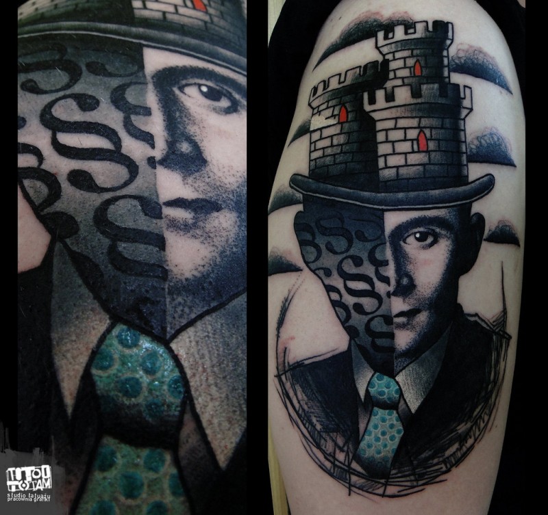 超现实主义风格城堡帽子与男人肖像纹身图案