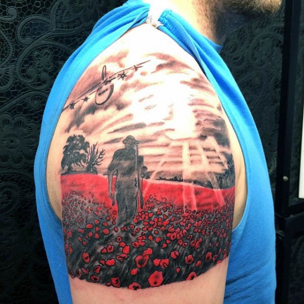 大臂彩绘红色的田野鲜花与人像纹身图案