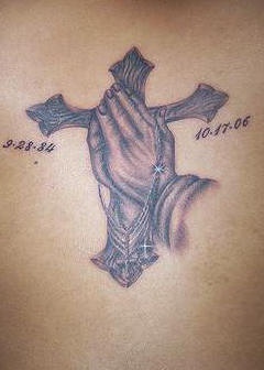 祈祷双手和十字架纪念纹身图案
