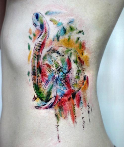 侧肋色彩斑斓的大象水彩风格纹身图案