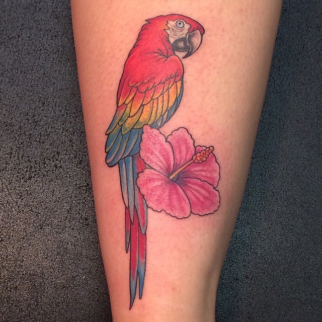 腿部彩色金刚鹦鹉和芙蓉花纹身图案