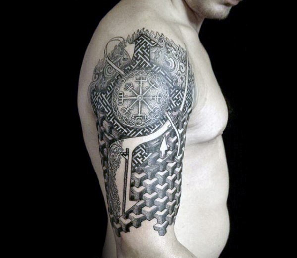 男性肩部半几何半装饰式纹身图案