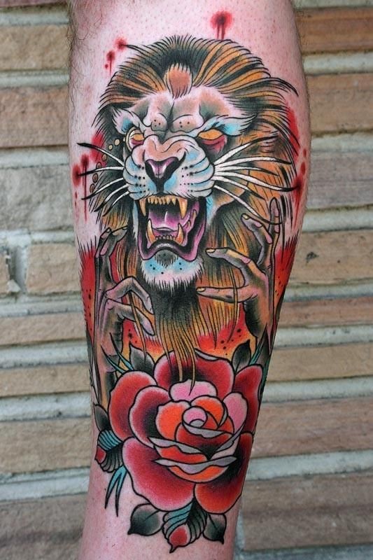 old school彩色邪恶狮子与玫瑰纹身图案
