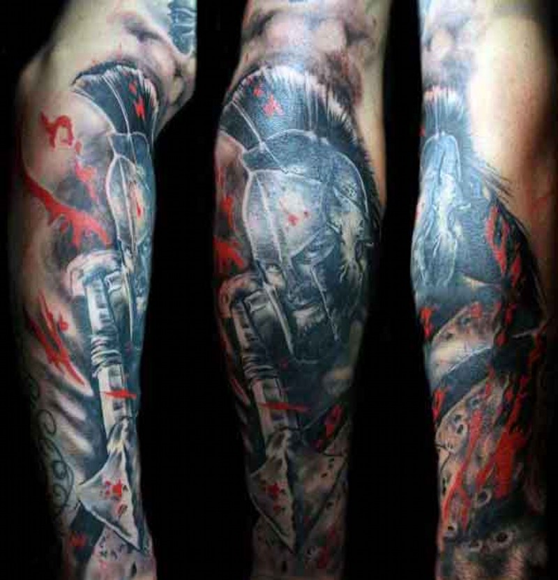 手臂彩色血腥的斯巴达国王纹身图案