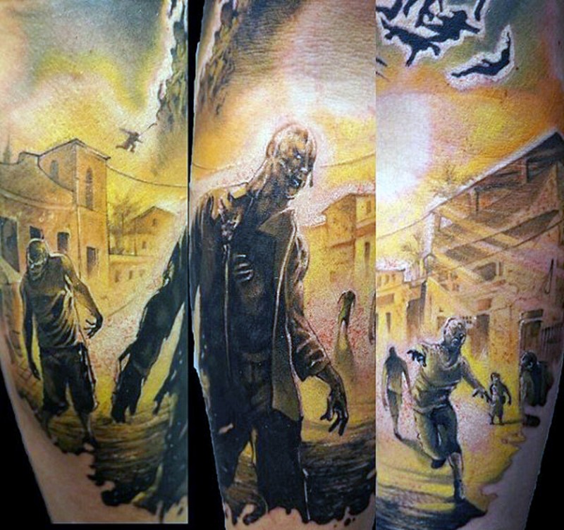 手臂彩色游戏主题僵尸世界纹身图案