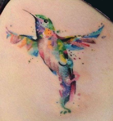 腿部水彩画的蜂鸟纹身图片