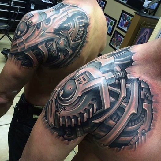 男性肩上的未来机械纹身图片