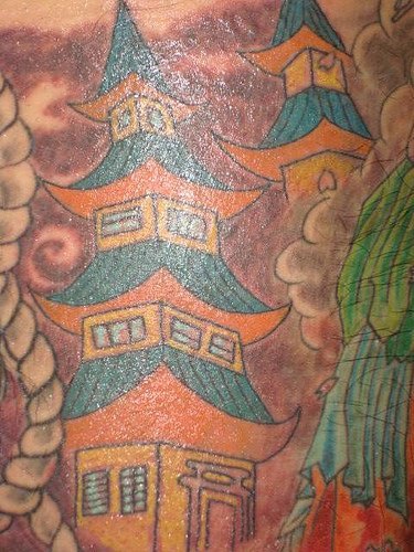 腿部彩色房屋纹身图案
