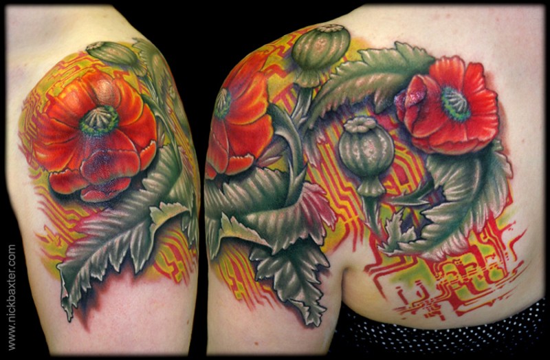 肩部原始彩色红罂粟纹身图案