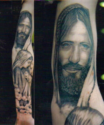 手臂现实的耶稣与孩子纹身图案