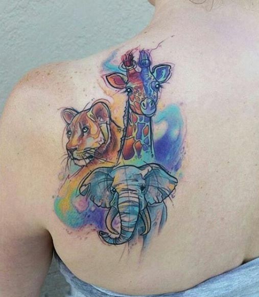 肩部水彩像各种动物纹身图案