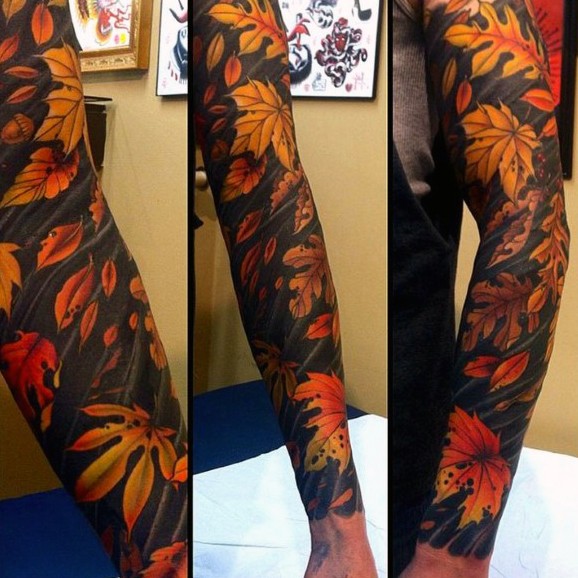 花臂彩色写实秋色叶子纹身图案
