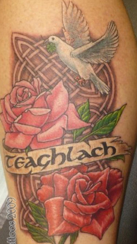 腿部彩色玫瑰花与鸽子纹身图片