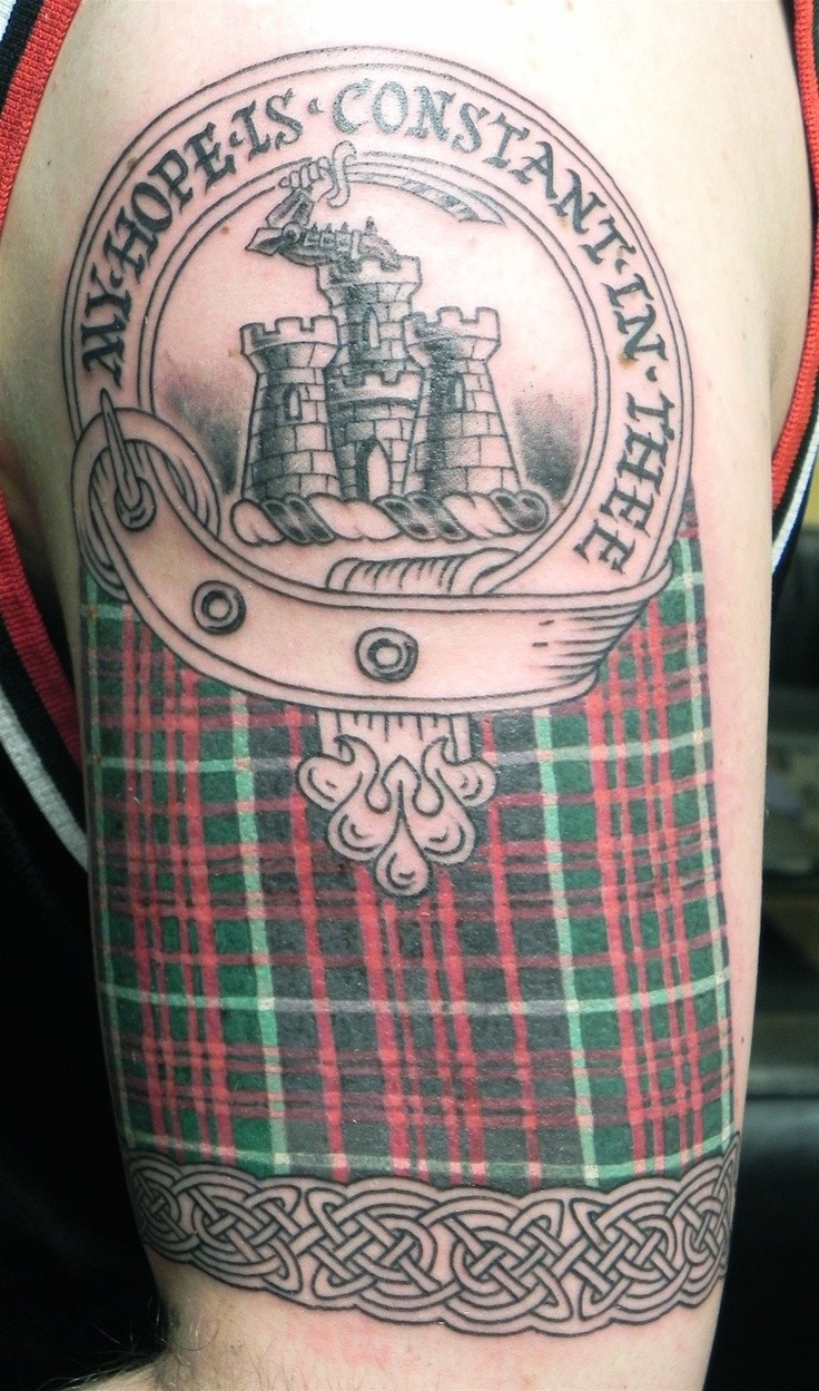肩部彩色苏格兰城堡纹身图案