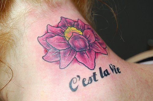 脖子彩色紫莲花法文纹身图案