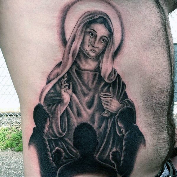 腰侧棕色祈祷孩子黑暗的宗教纹身图案