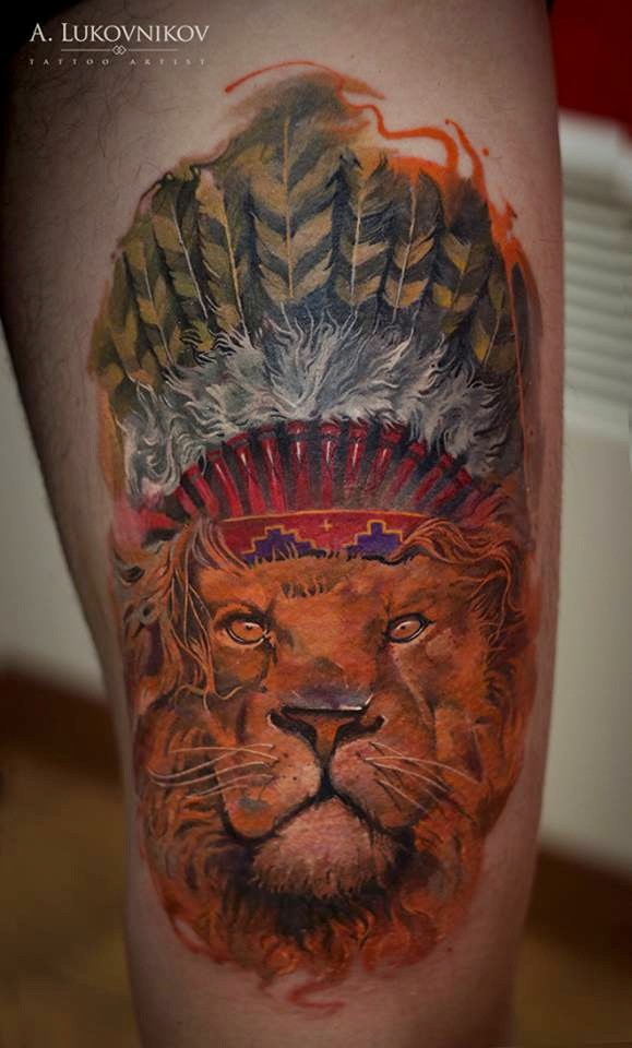 腿部彩色印度头盔狮子纹身图案