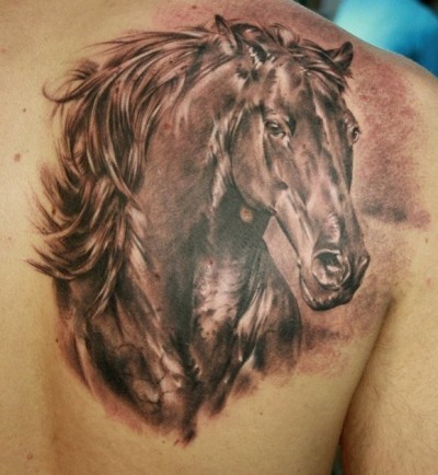 肩部棕色逼真的马纹身图片