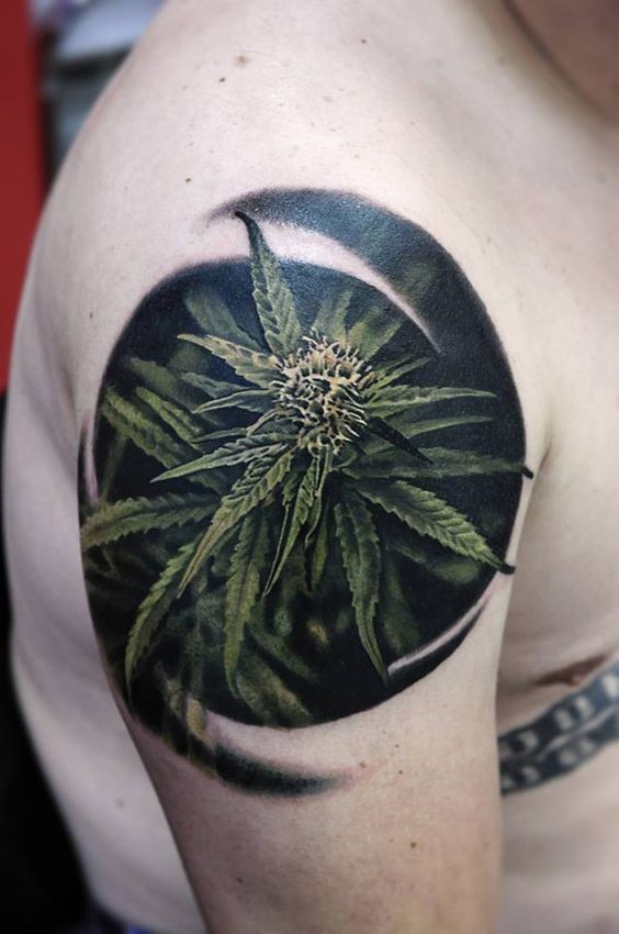 现实主义风格的彩色大麻植物纹身图案