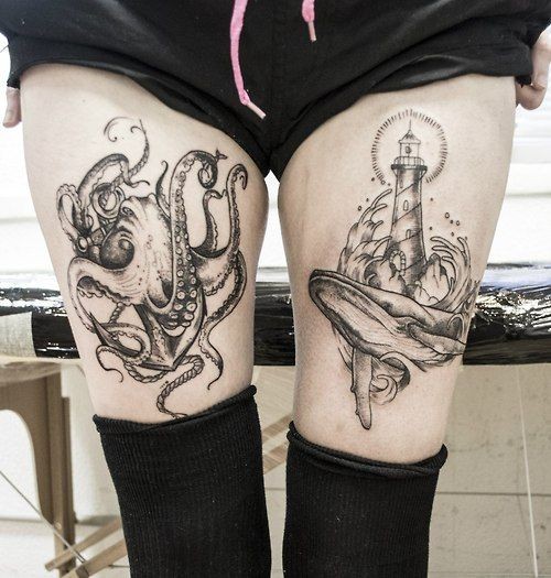 腿部黑色简约章鱼和大灯塔纹身图案