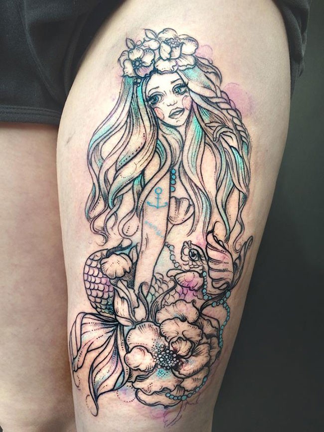 腿部素描式彩色诱人的美人鱼纹身