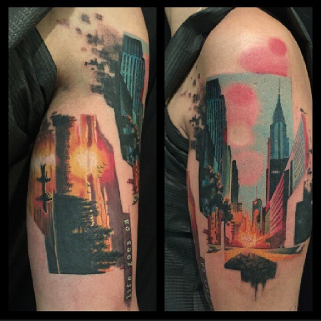 肩部如画的彩色大城市景观纹身图案