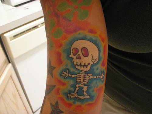 手臂彩色卡通化的骷髅纹身图案