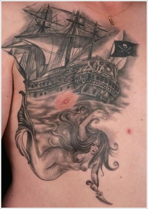 胸部黑灰海盗船和美人鱼纹身