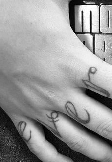 手指灰色字母花体纹身图片
