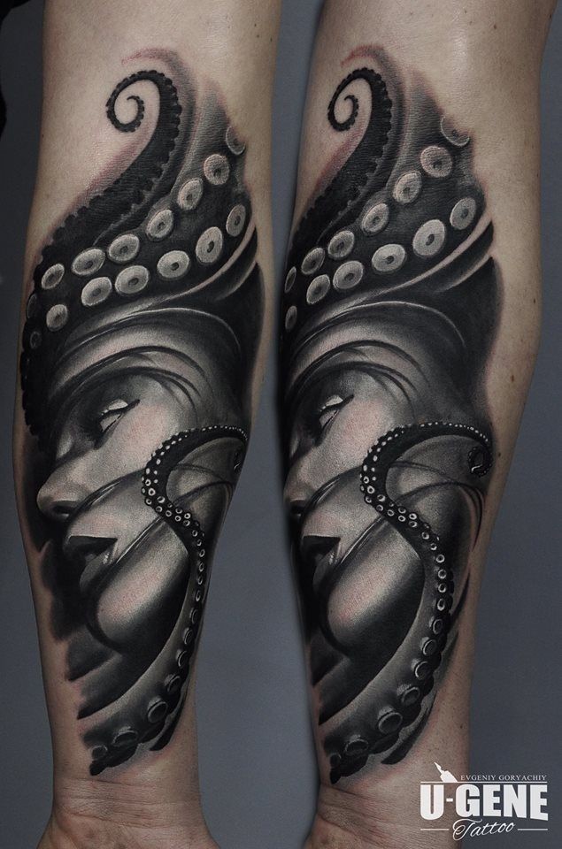 腿部灰色章鱼女人纹身图案