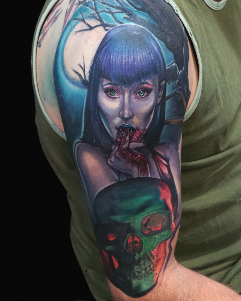 全新风格彩色血腥吸血鬼女子纹身图案