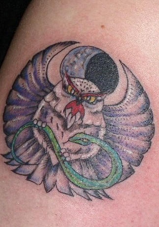 手臂彩色猫头鹰猎蛇纹身图案