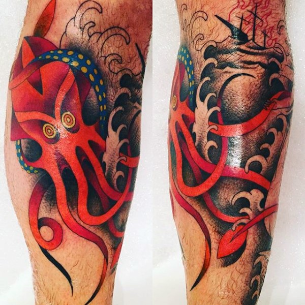 腿部老流派彩色红色章鱼纹身图案