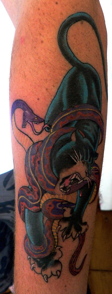 手臂彩色黑豹斗蛇纹身图案
