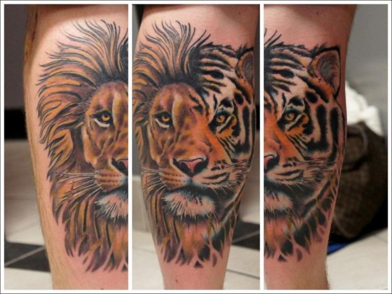 腿部彩色半狮半虎纹身图案
