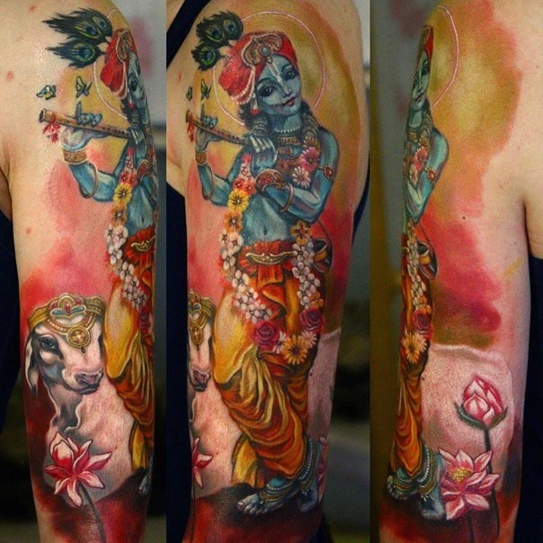 手臂印度教女神插画风女人与羊纹身图案