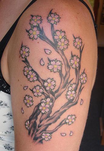 女性肩部彩色樱花树纹身图案