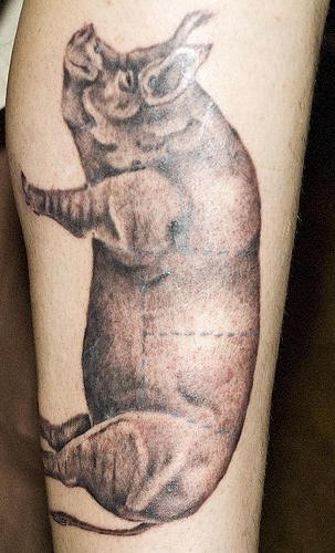 腿部棕色逼真的猪纹身图案