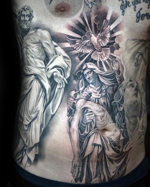 宗教风格的黑棕色天使和鸽子纹身图案